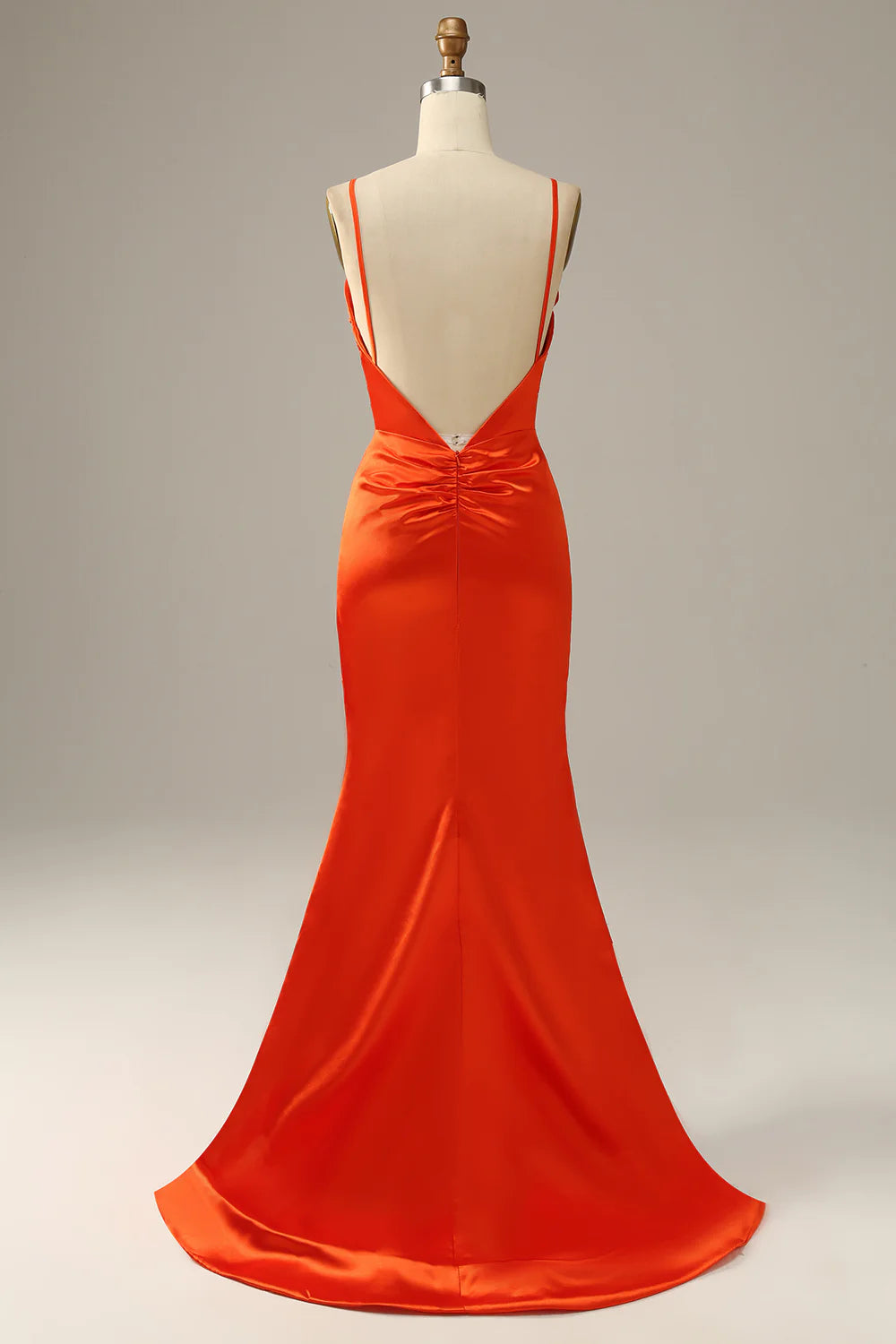 Sheath/Mermaid Spaghetti Straps Orange Satin Long Prom Dress