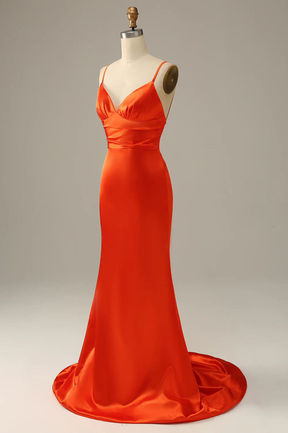 Sheath/Mermaid Spaghetti Straps Orange Satin Long Prom Dress