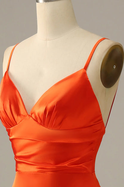 Sheath/Mermaid Spaghetti Straps Orange Satin Long Prom Dress