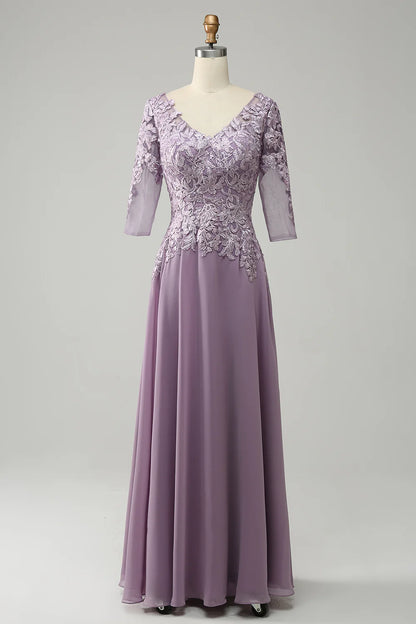 V Neck Lace Chiffon Mother of the Bride Dress Appliques