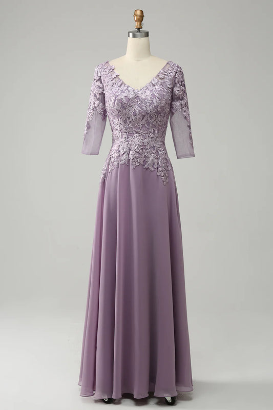 V Neck Lace Chiffon Mother of the Bride Dress Appliques