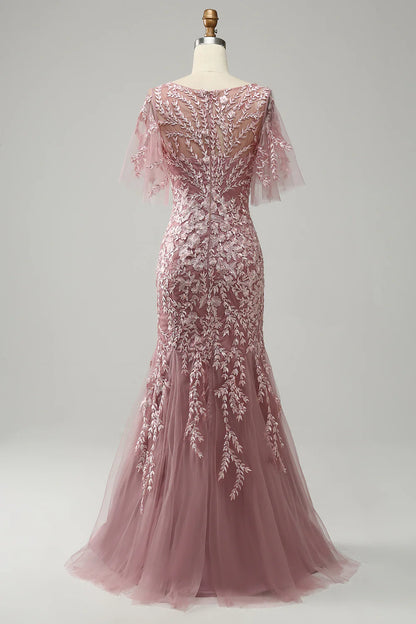 Lace Mermaid Scoop Neck Tulle Mother of the Bride Dress With Embroidery  Appliques