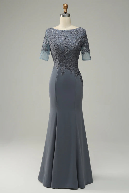Scoop Neck Short Sleeve Mother of Bride Dress With Appliques