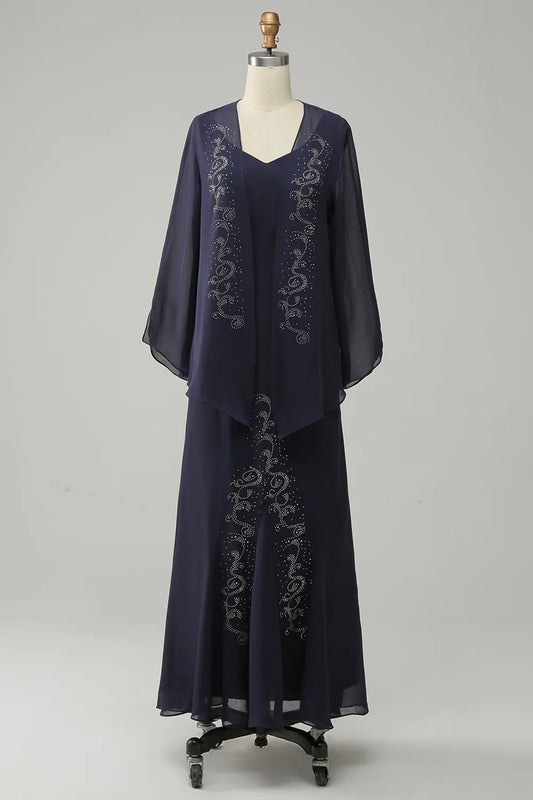 Two Pieces Sleek Glitter Sparking Long Mother of the Bride Dress