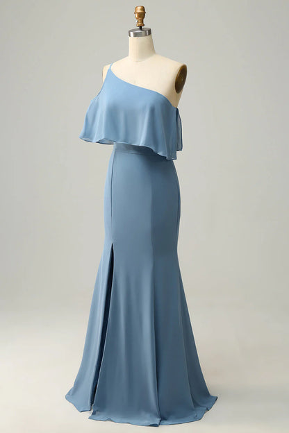 Sheath One Shoulder Blue Plus Size Long Bridesmaid Dress with Silt