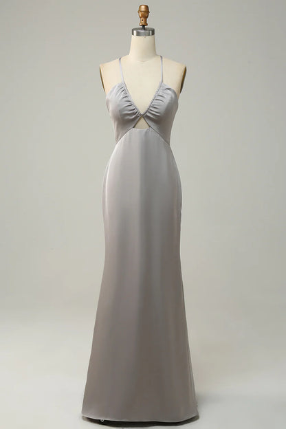 Mermaid Satin Spaghetti Straps Grey Long Bridesmaid Dress