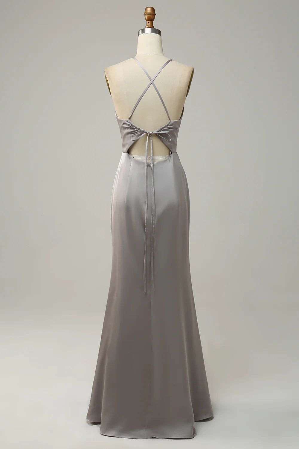 Mermaid Satin Spaghetti Straps Grey Long Bridesmaid Dress