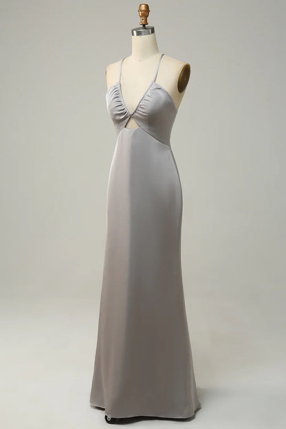 Mermaid Satin Spaghetti Straps Grey Long Bridesmaid Dress