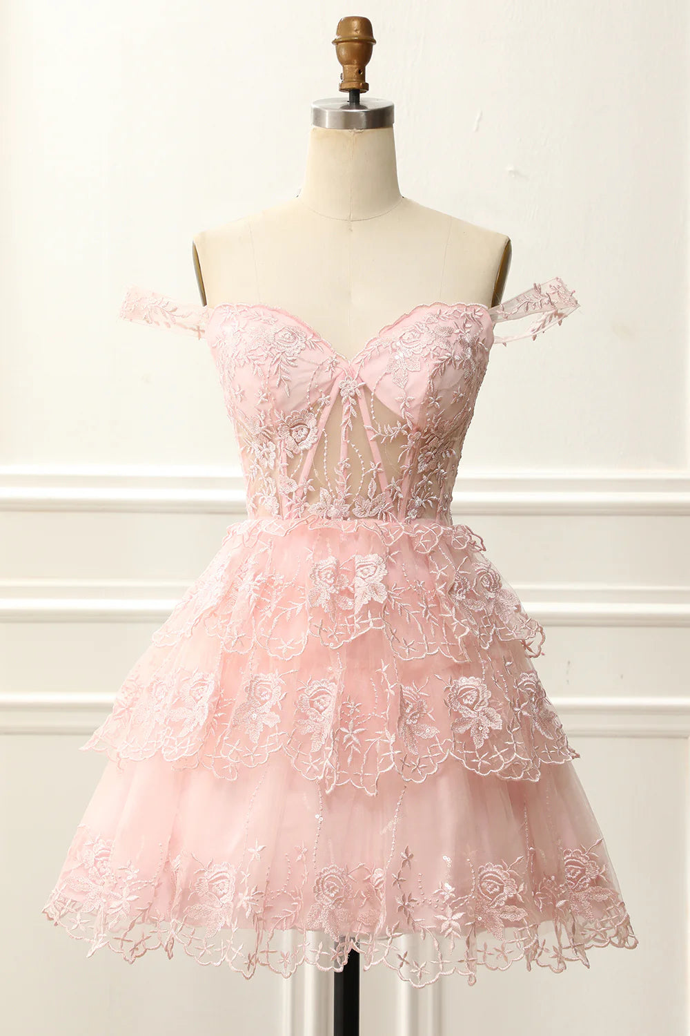 A-Line Short/Mini Off The Shoulder Pink Corset Homecoming Dress With Embroidery Appliques