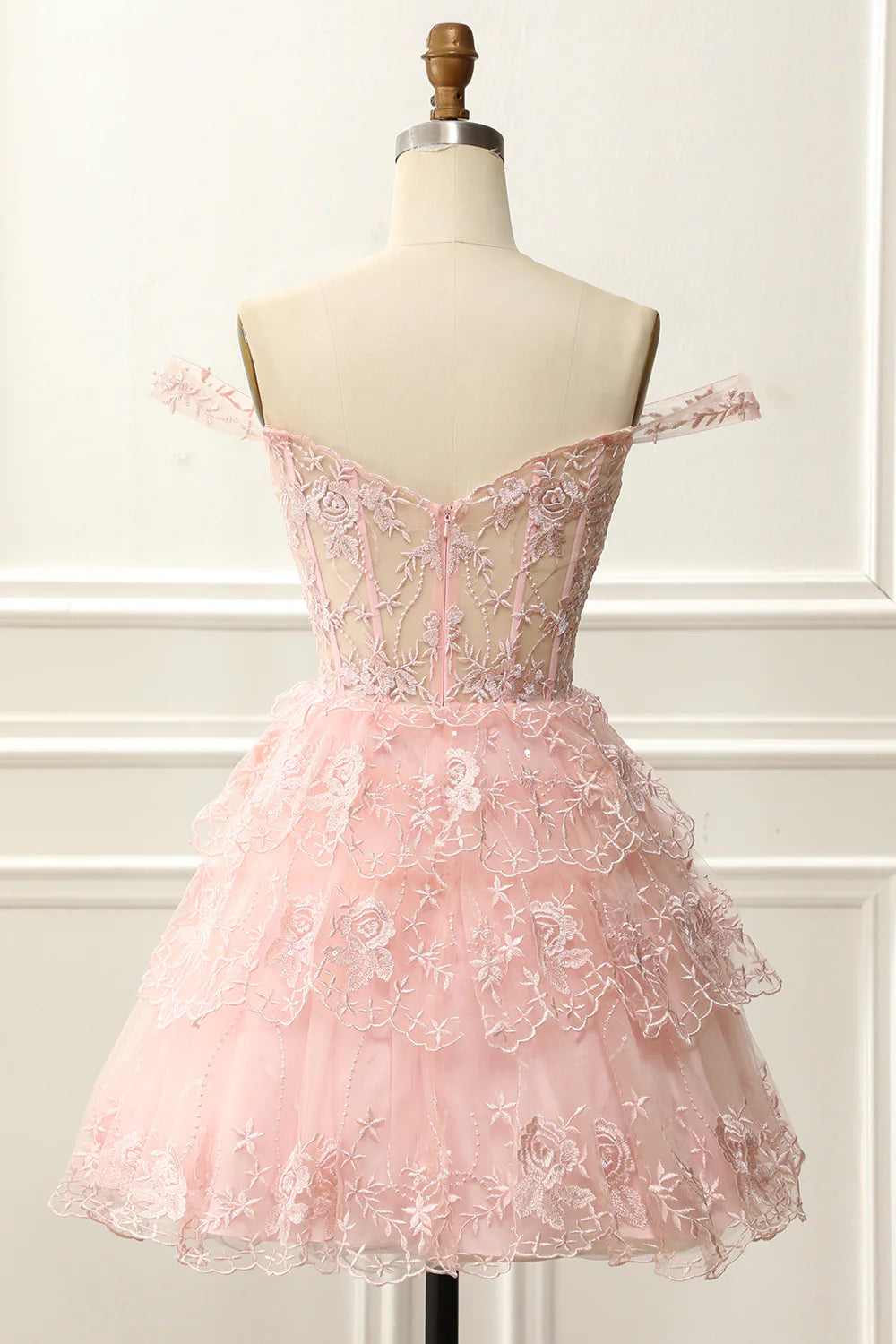 A-Line Short/Mini Off The Shoulder Pink Corset Homecoming Dress With Embroidery Appliques