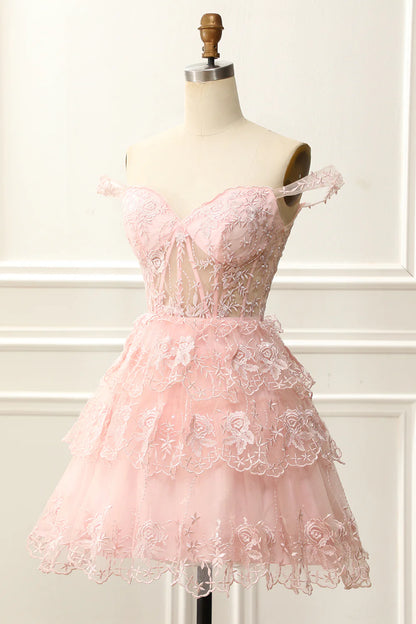 A-Line Short/Mini Off The Shoulder Pink Corset Homecoming Dress With Embroidery Appliques