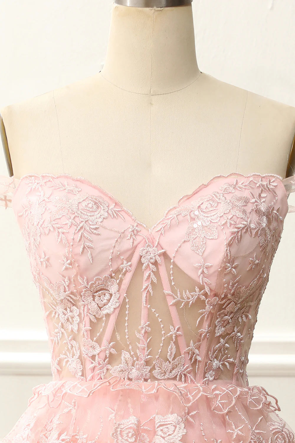 A-Line Short/Mini Off The Shoulder Pink Corset Homecoming Dress With Embroidery Appliques