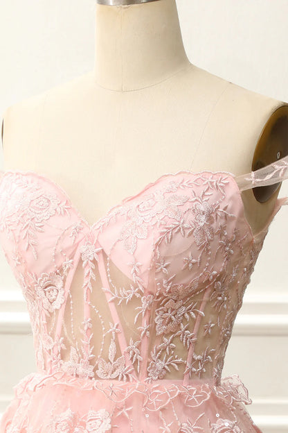 A-Line Short/Mini Off The Shoulder Pink Corset Homecoming Dress With Embroidery Appliques