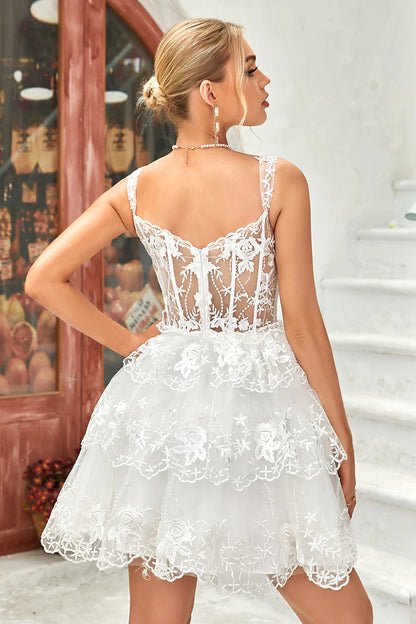 A Line White Corset Tiered Short/Mini Homecoming Dresses With Lace layers