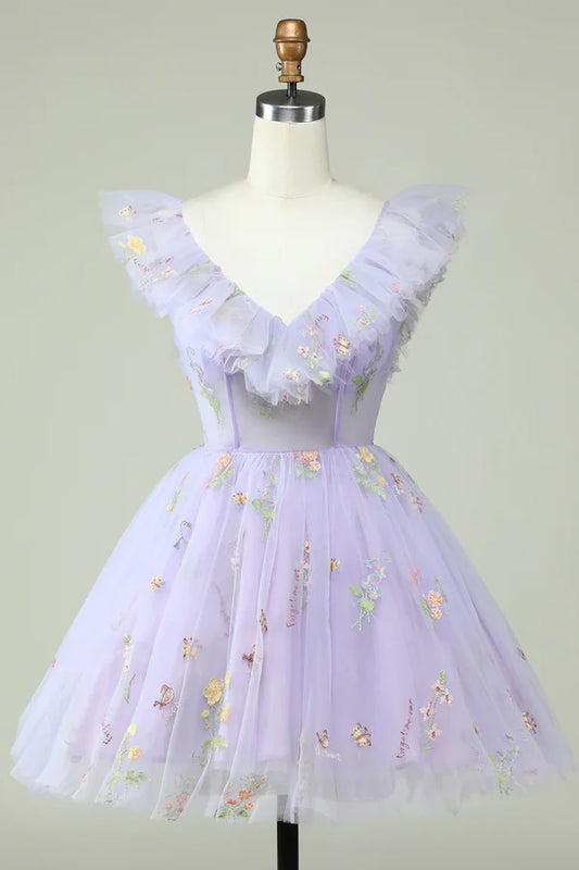 Lavender Off The Shoulder Embroidery Homecoming Dress With Ruffles