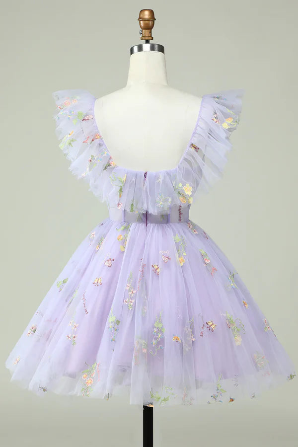 Lavender Off The Shoulder Embroidery Homecoming Dress With Ruffles