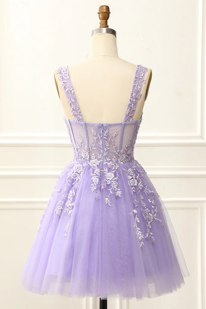 A Line Lilac Mini Corset Homecoming Dress With Appliques