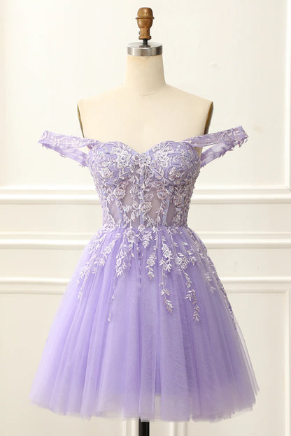 A Line Lilac Mini Corset Homecoming Dress With Appliques