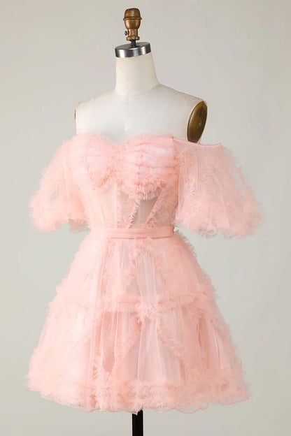 A Line Off The Shoulder Short/Mini Tulle Corset Homecoming Dresses