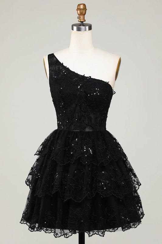 A Line Lace Short/Mini One Shoulder Homecoming Dress With Layers Sequins Appliques