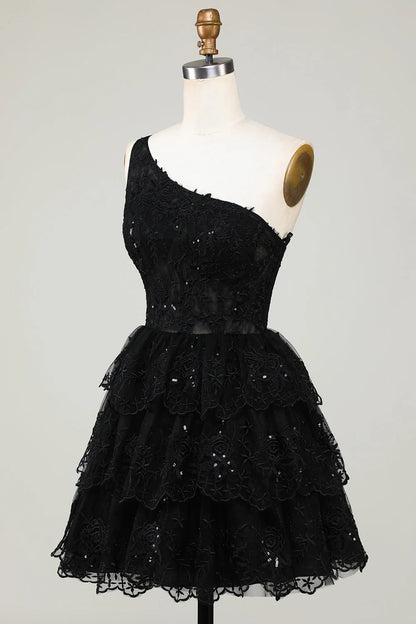 A Line Lace Short/Mini One Shoulder Homecoming Dress With Layers Sequins Appliques