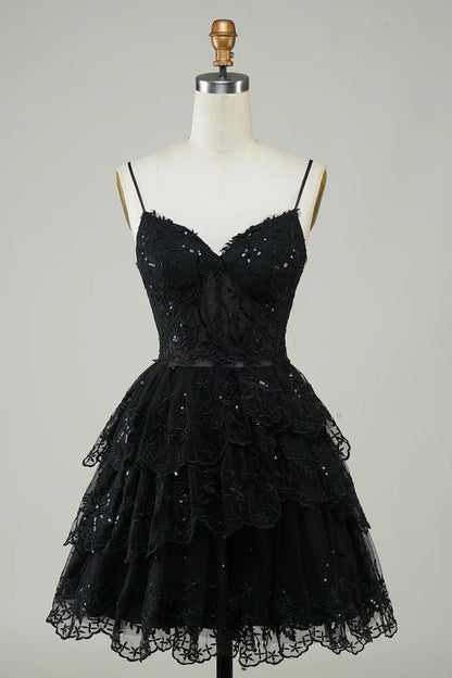 Sparkly Spaghetti Straps Sequins Tiered Homecoming Dresses With Embroidery