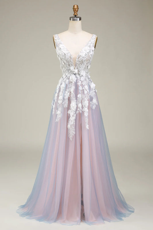 A Line Deep V Neck Grey Pink Long Prom Dress with 3D Flora Appliques