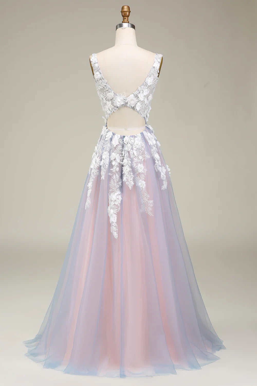 A Line Deep V Neck Grey Pink Long Prom Dress with 3D Flora Appliques