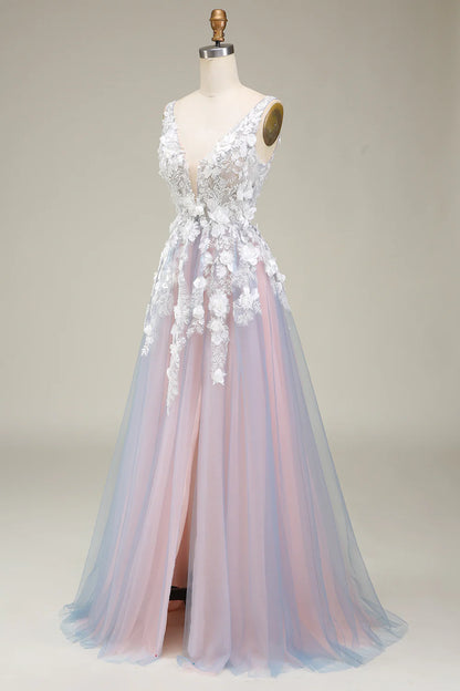 A Line Deep V Neck Grey Pink Long Prom Dress with 3D Flora Appliques