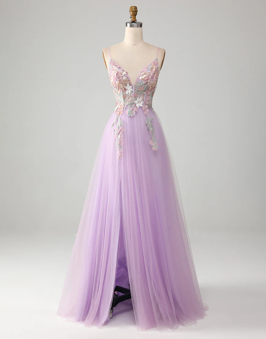 A-Line V-Neck Long Prom Dress With Sequins Applique