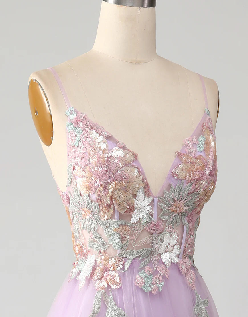 A-Line V-Neck Long Prom Dress With Sequins Applique