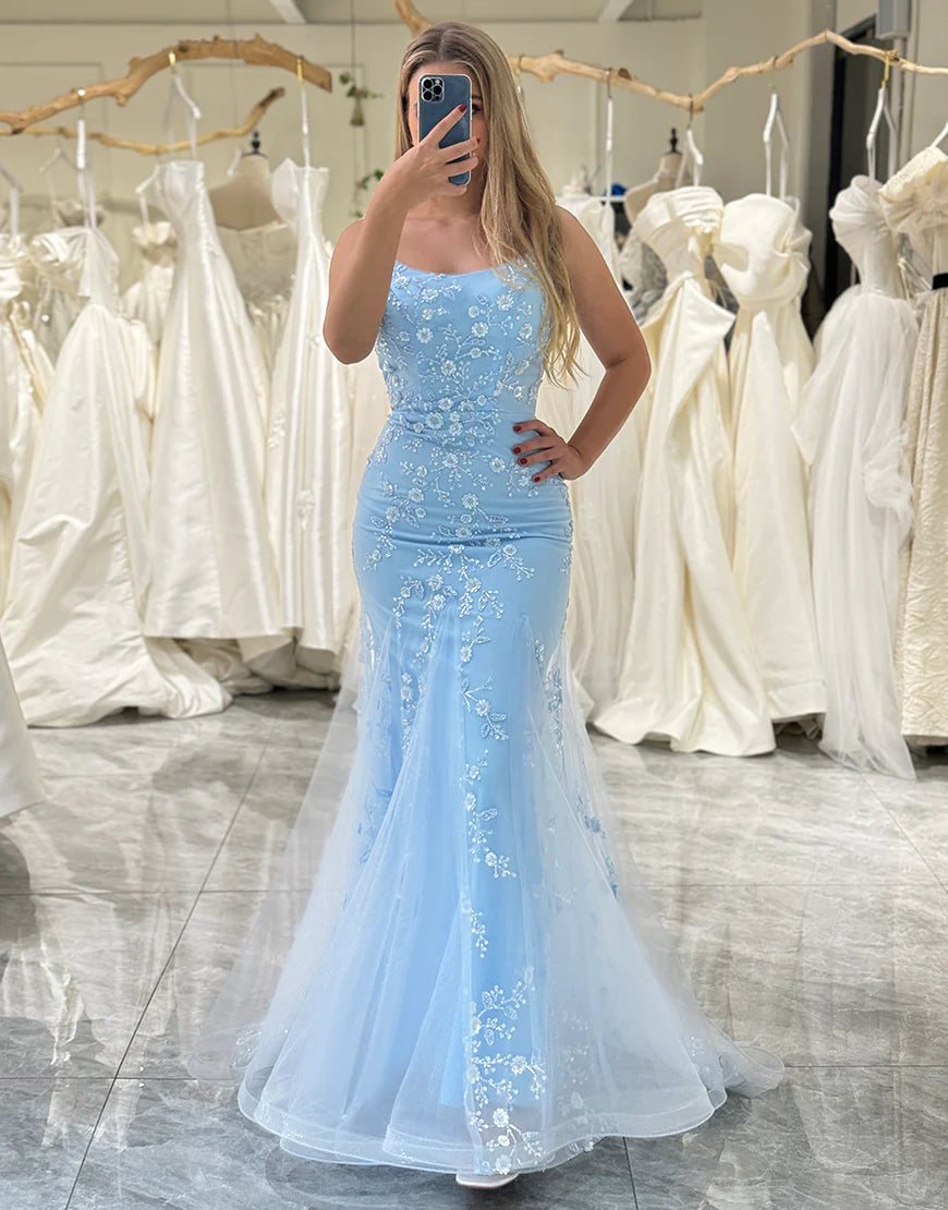 Sheath/Mermaid Spaghetti Straps Long Prom Dress With Appliques