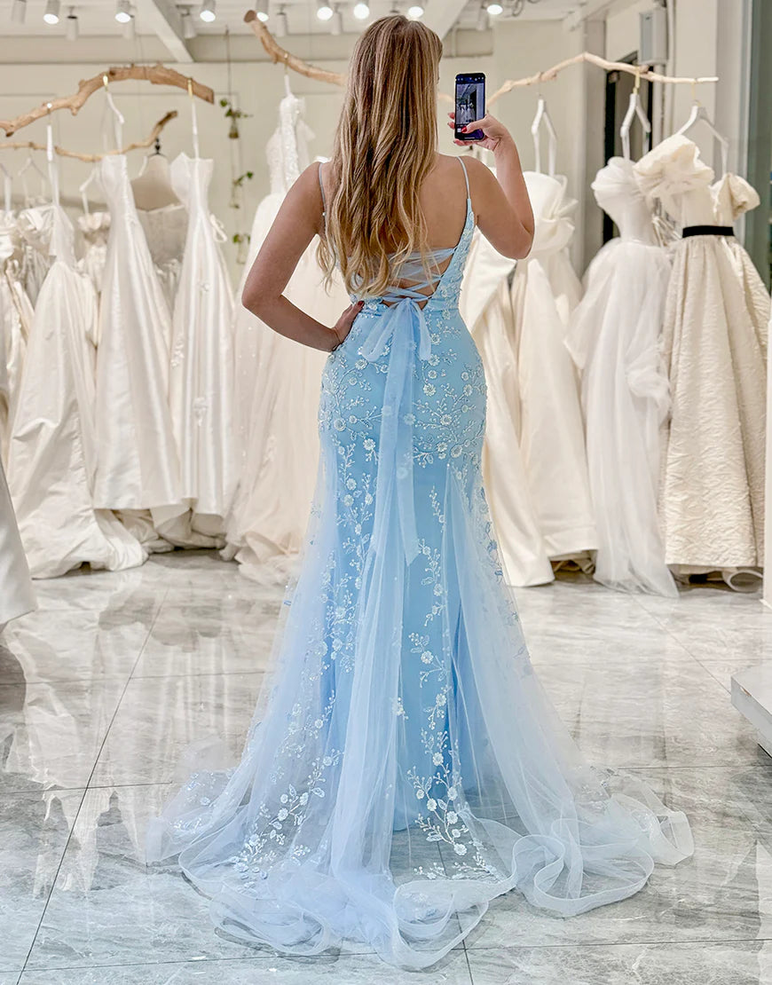 Sheath/Mermaid Spaghetti Straps Long Prom Dress With Appliques