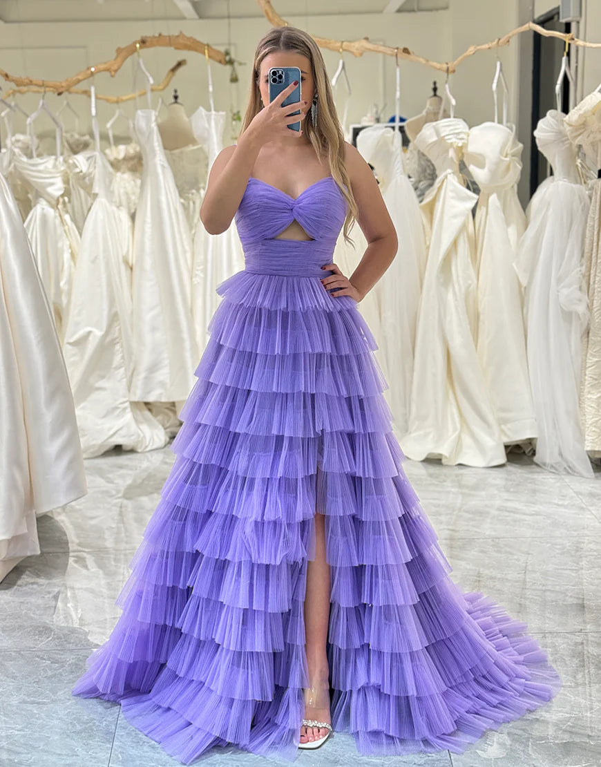 A Line Strapless Long Tiered Prom Dress With Front Slit
