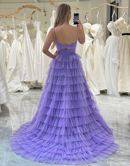 A Line Strapless Long Tiered Prom Dress With Front Slit