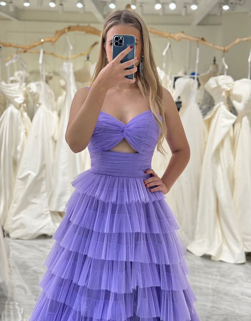 A Line Strapless Long Tiered Prom Dress With Front Slit
