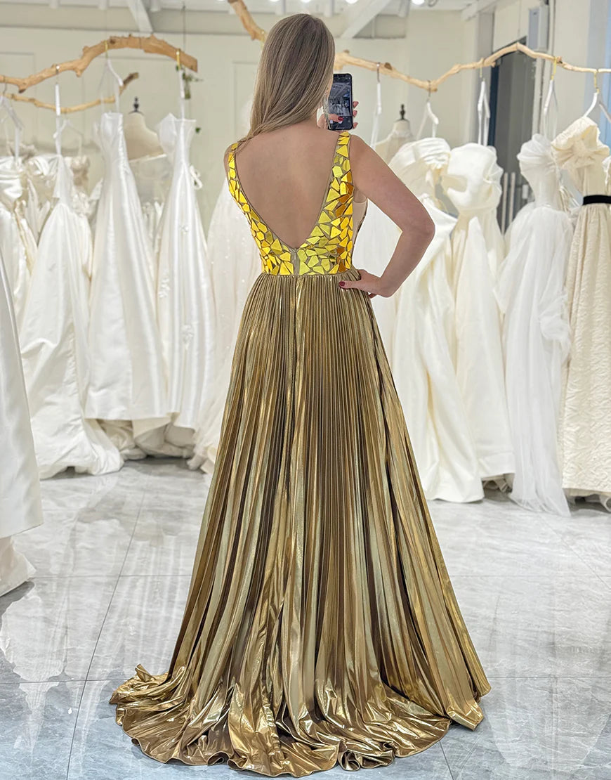 A-Line Glitter Golden Low V Neck Long Mirror Prom Dress