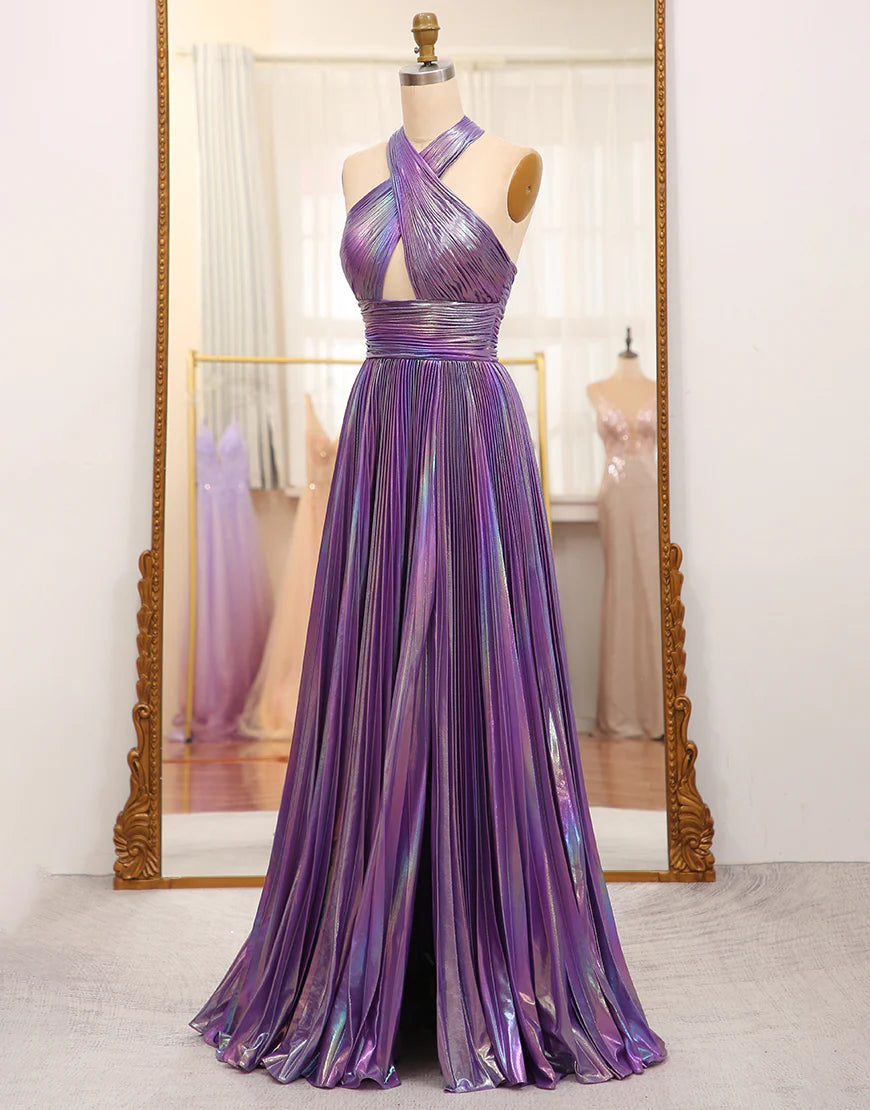 A Line Criss Cross Halter Long Prom Dress With Slit