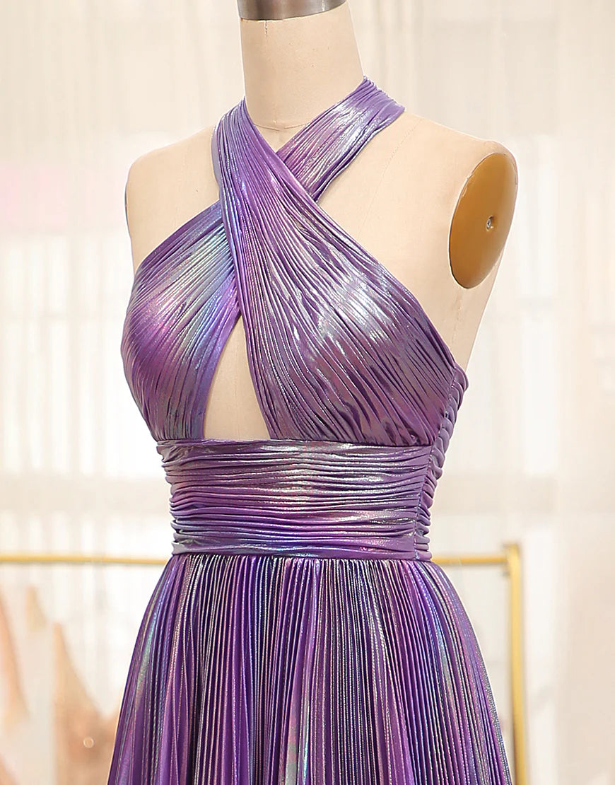 A Line Criss Cross Halter Long Prom Dress With Slit