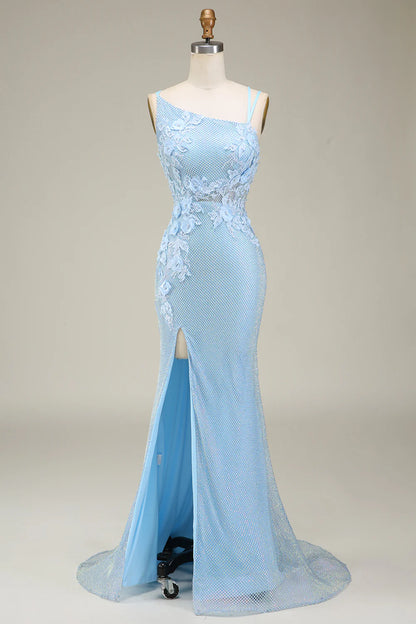 Mermaid Stylish Spaghetti Straps Light Blue Long Prom Dress with Appliques