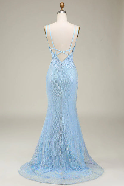 Mermaid Stylish Spaghetti Straps Light Blue Long Prom Dress with Appliques