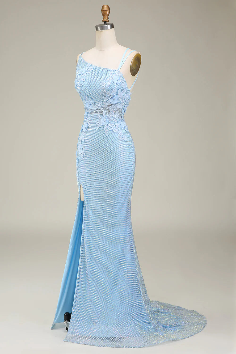 Mermaid Stylish Spaghetti Straps Light Blue Long Prom Dress with Appliques