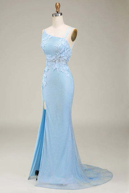 Mermaid Stylish Spaghetti Straps Light Blue Long Prom Dress with Appliques