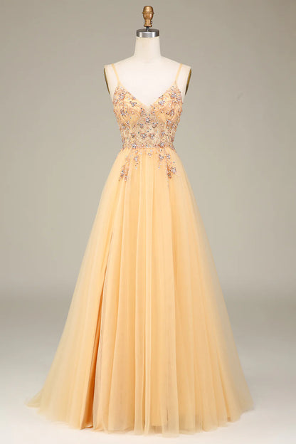 A Line Prom Dress Wedding Guest Evening Party Court Train Sleeveless Spaghetti Straps Golden Long Prom Dress with Beading