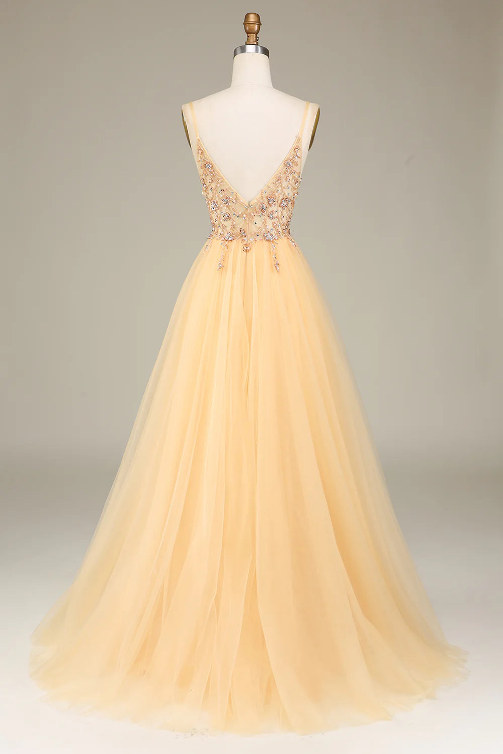 A Line Prom Dress Wedding Guest Evening Party Court Train Sleeveless Spaghetti Straps Golden Long Prom Dress with Beading