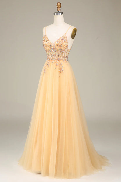 A Line Prom Dress Wedding Guest Evening Party Court Train Sleeveless Spaghetti Straps Golden Long Prom Dress with Beading