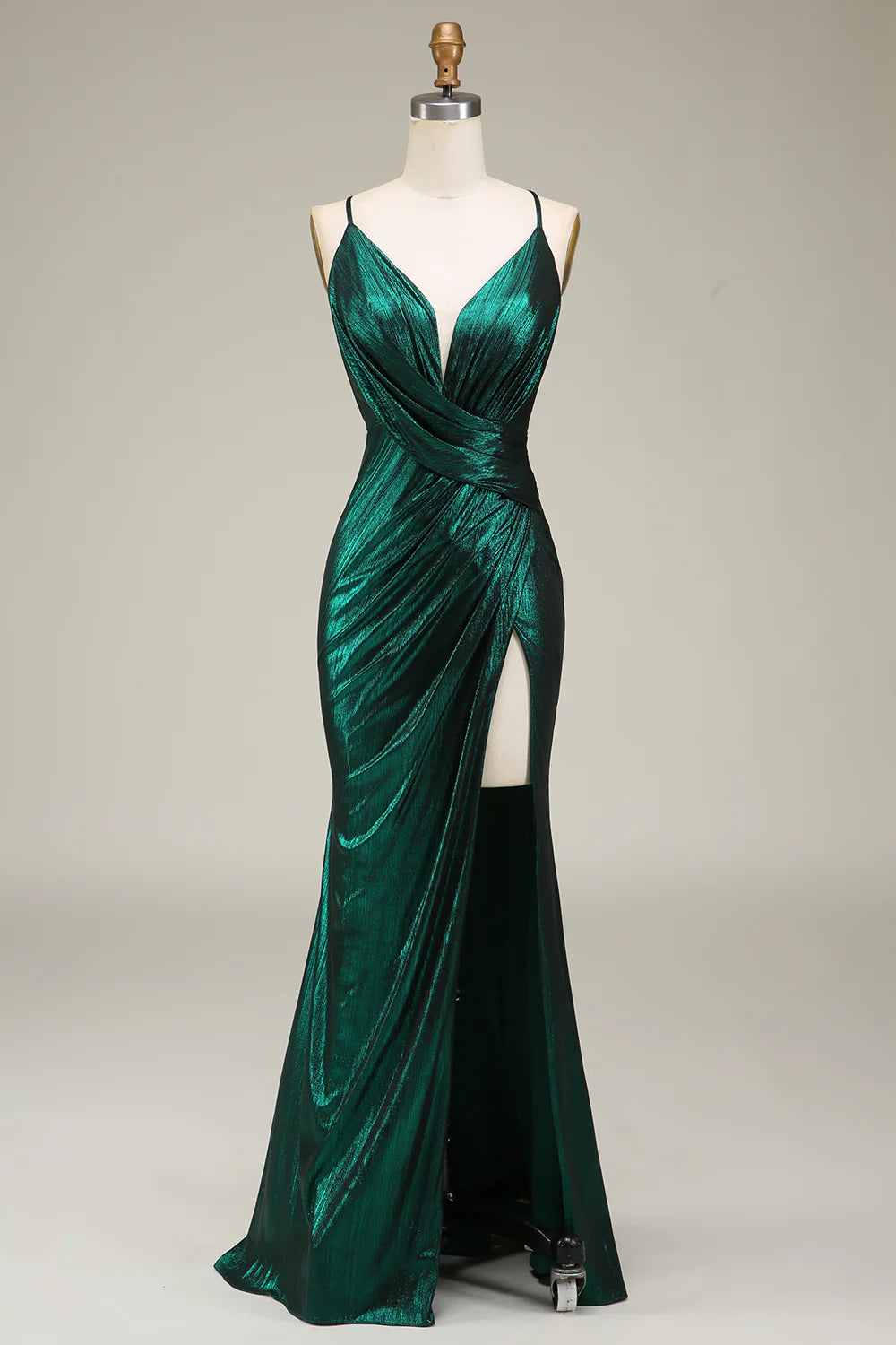 Mermaid Open Back Spaghetti Straps Dark Green Long Prom Dress with Slit