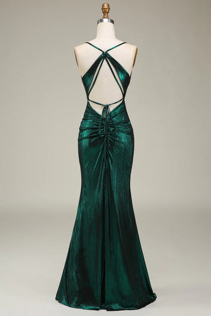 Mermaid Open Back Spaghetti Straps Dark Green Long Prom Dress with Slit