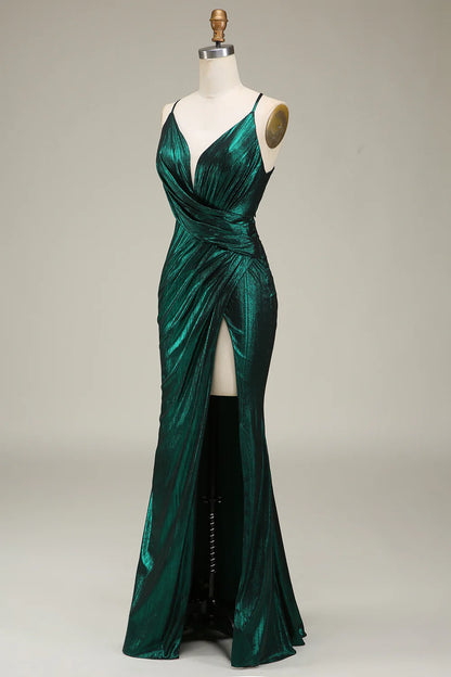 Mermaid Open Back Spaghetti Straps Dark Green Long Prom Dress with Slit