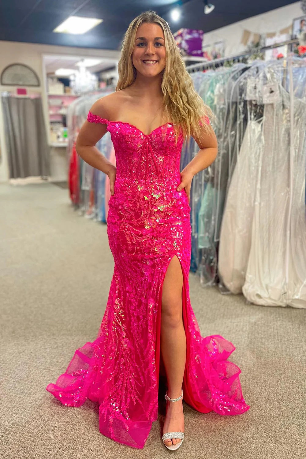 Mermaid Sleek Glittering Sparkle Off The Shoulder Fuchsia Corset Prom Dress With Slit